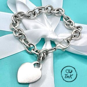 Tiffany & Co. Blank Heart Tag Charm Bracelet 8" Sterling Silver Round Link